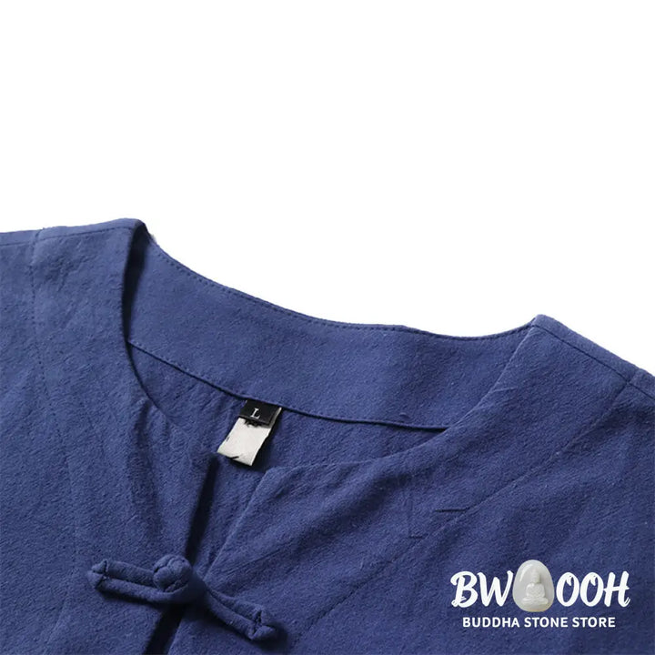 Buddha Stones Casual Plain Color Short Sleeve One Frog Button Cotton Linen Men’s Shirt - Men’s Shirts
