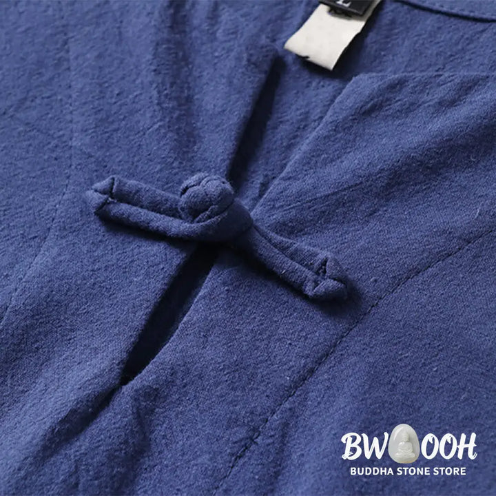 Buddha Stones Casual Plain Color Short Sleeve One Frog Button Cotton Linen Men’s Shirt - Men’s Shirts