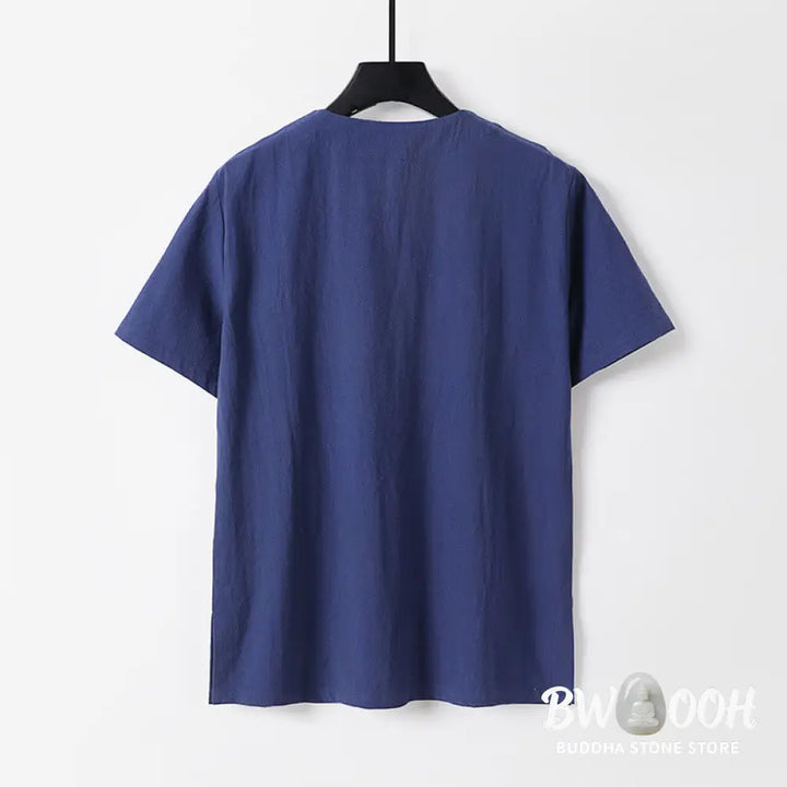 Buddha Stones Casual Plain Color Short Sleeve One Frog Button Cotton Linen Men’s Shirt - Men’s Shirts