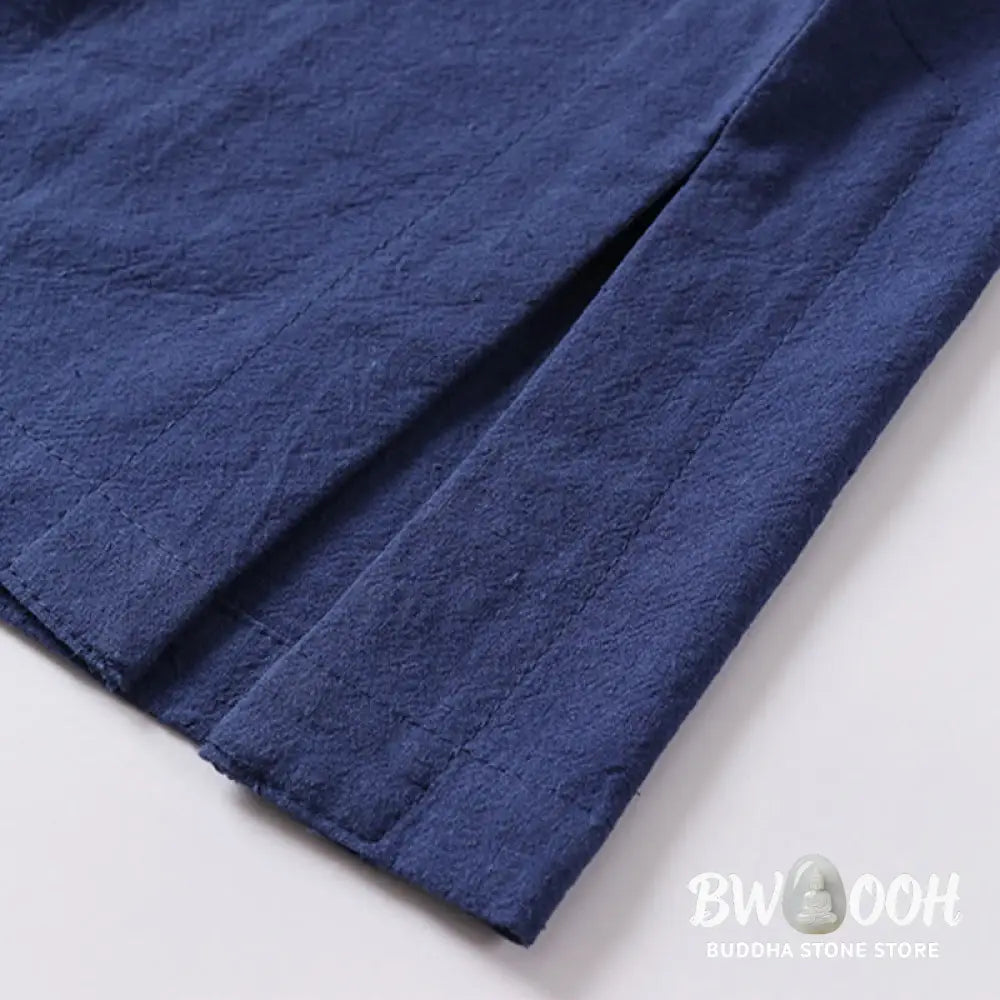 Buddha Stones Casual Plain Color Short Sleeve One Frog Button Cotton Linen Men’s Shirt - Men’s Shirts