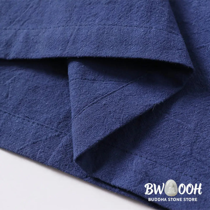 Buddha Stones Casual Plain Color Short Sleeve One Frog Button Cotton Linen Men’s Shirt - Men’s Shirts