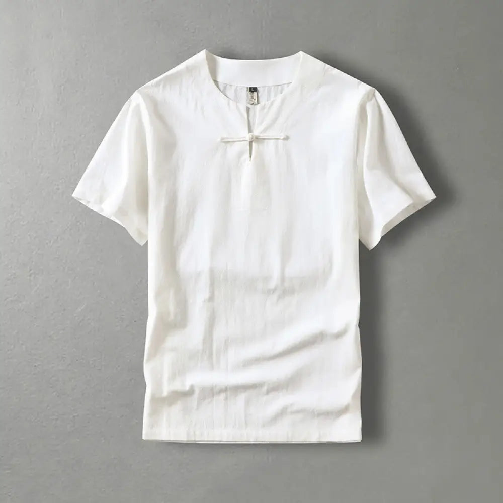 Buddha Stones Casual Plain Color Short Sleeve One Frog Button Cotton Linen Men’s Shirt - White / US/UK/AU36，EU46 (L)