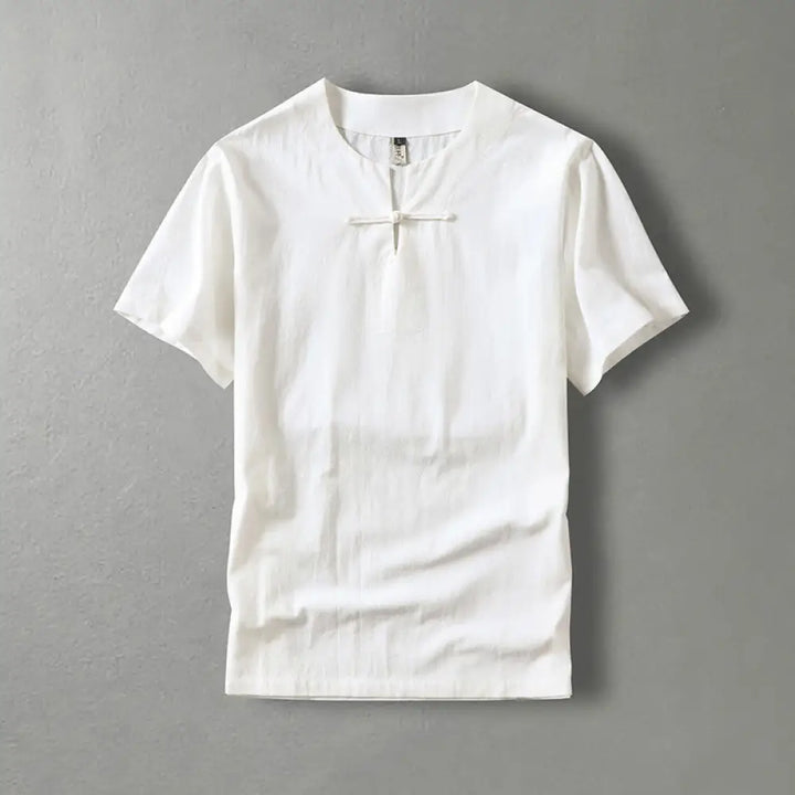 Buddha Stones Casual Plain Color Short Sleeve One Frog Button Cotton Linen Men’s Shirt - White / US/UK/AU36，EU46 (L)