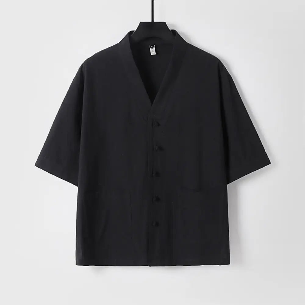 Buddha Stones Casual Plain Color Three Quarter Sleeve Front Button Cotton Linen Men’s Shirt With Pockets - Black