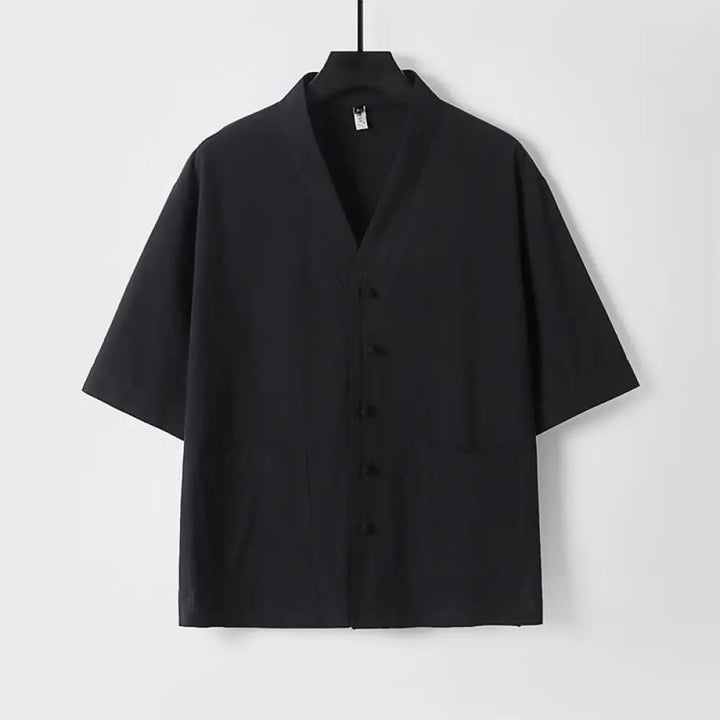 Buddha Stones Casual Plain Color Three Quarter Sleeve Front Button Cotton Linen Men’s Shirt With Pockets - Black