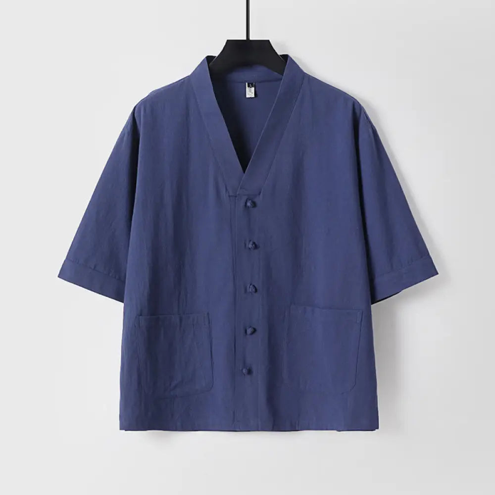 Buddha Stones Casual Plain Color Three Quarter Sleeve Front Button Cotton Linen Men’s Shirt With Pockets - DarkBlue