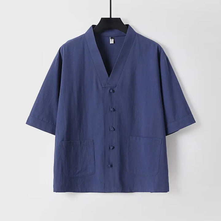 Buddha Stones Casual Plain Color Three Quarter Sleeve Front Button Cotton Linen Men’s Shirt With Pockets - DarkBlue