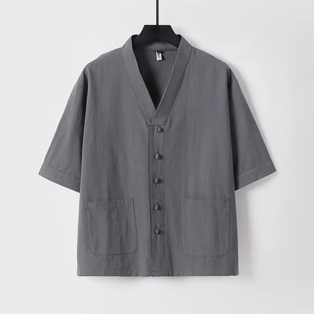 Buddha Stones Casual Plain Color Three Quarter Sleeve Front Button Cotton Linen Men’s Shirt With Pockets - Gray