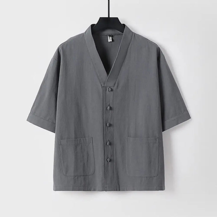 Buddha Stones Casual Plain Color Three Quarter Sleeve Front Button Cotton Linen Men’s Shirt With Pockets - Gray