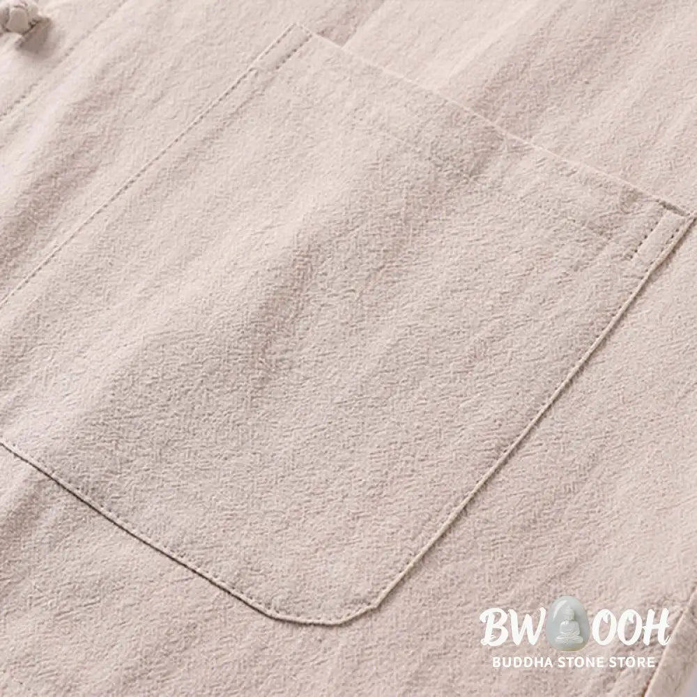 Buddha Stones Casual Plain Color Three Quarter Sleeve Front Button Cotton Linen Men’s Shirt With Pockets - Men’s Shirts