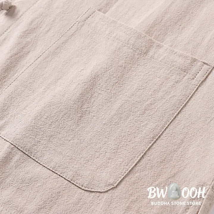 Buddha Stones Casual Plain Color Three Quarter Sleeve Front Button Cotton Linen Men’s Shirt With Pockets - Men’s Shirts