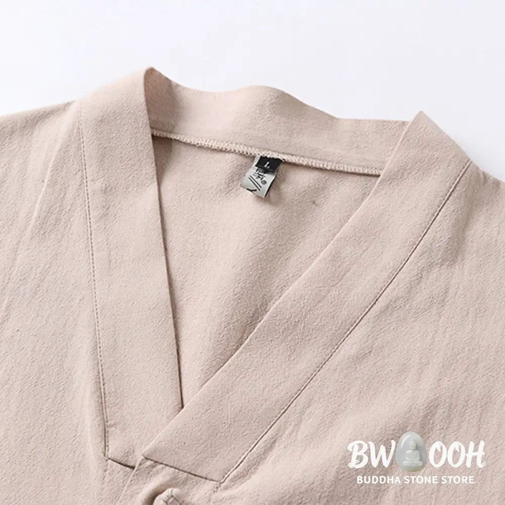 Buddha Stones Casual Plain Color Three Quarter Sleeve Front Button Cotton Linen Men’s Shirt With Pockets - Men’s Shirts