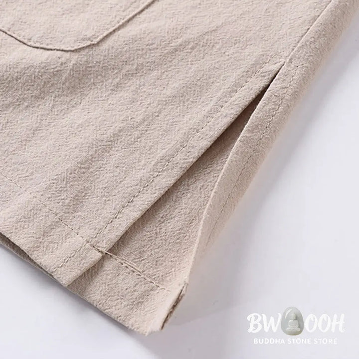 Buddha Stones Casual Plain Color Three Quarter Sleeve Front Button Cotton Linen Men’s Shirt With Pockets - Men’s Shirts