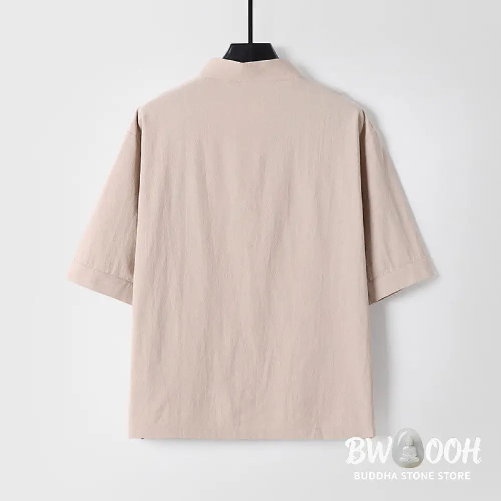 Buddha Stones Casual Plain Color Three Quarter Sleeve Front Button Cotton Linen Men’s Shirt With Pockets - Men’s Shirts
