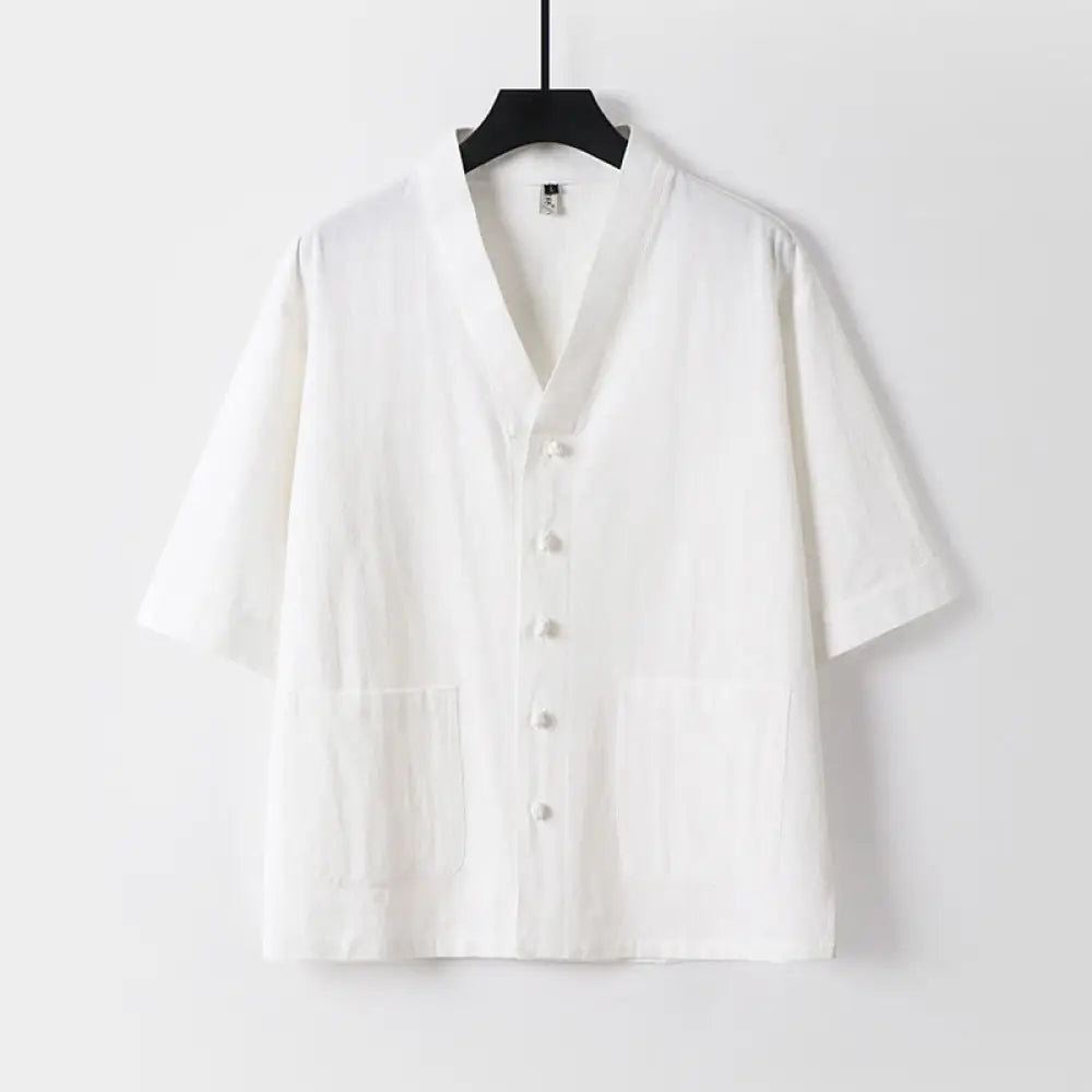 Buddha Stones Casual Plain Color Three Quarter Sleeve Front Button Cotton Linen Men’s Shirt With Pockets - White