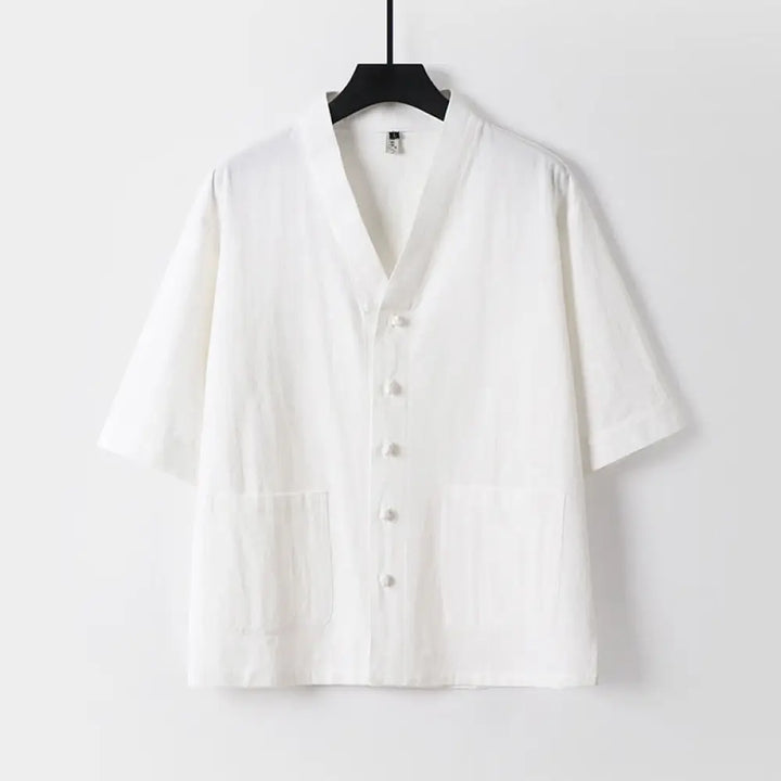 Buddha Stones Casual Plain Color Three Quarter Sleeve Front Button Cotton Linen Men’s Shirt With Pockets - White