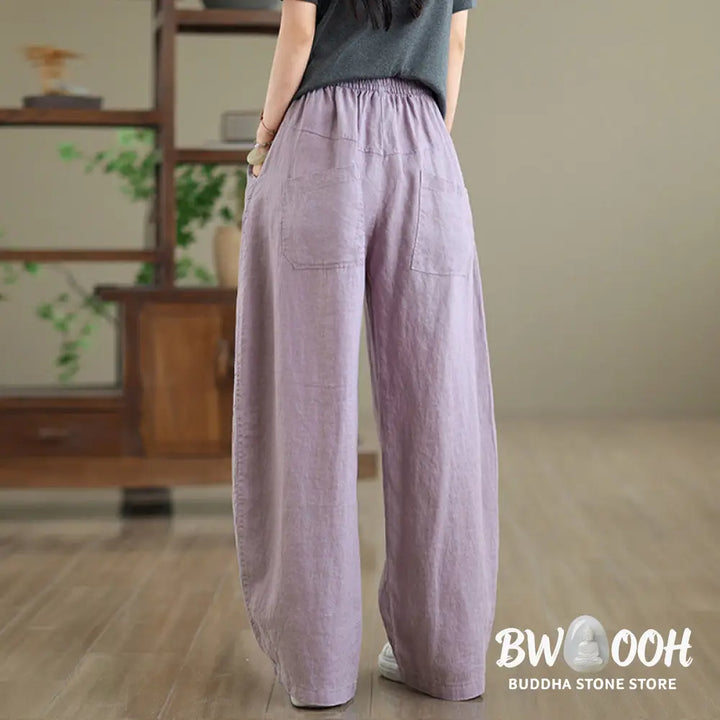Buddha Stones Casual Plain Cotton Women’s Wide Leg Pants With Pockets - Women’s Wide Leg Pants