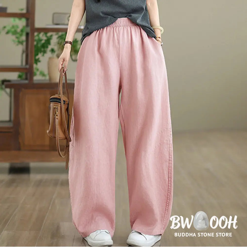 Buddha Stones Casual Plain Cotton Women’s Wide Leg Pants With Pockets - Women’s Wide Leg Pants