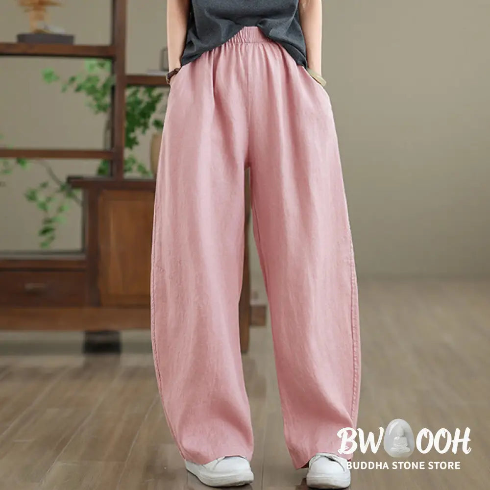 Buddha Stones Casual Plain Cotton Women’s Wide Leg Pants With Pockets - Women’s Wide Leg Pants