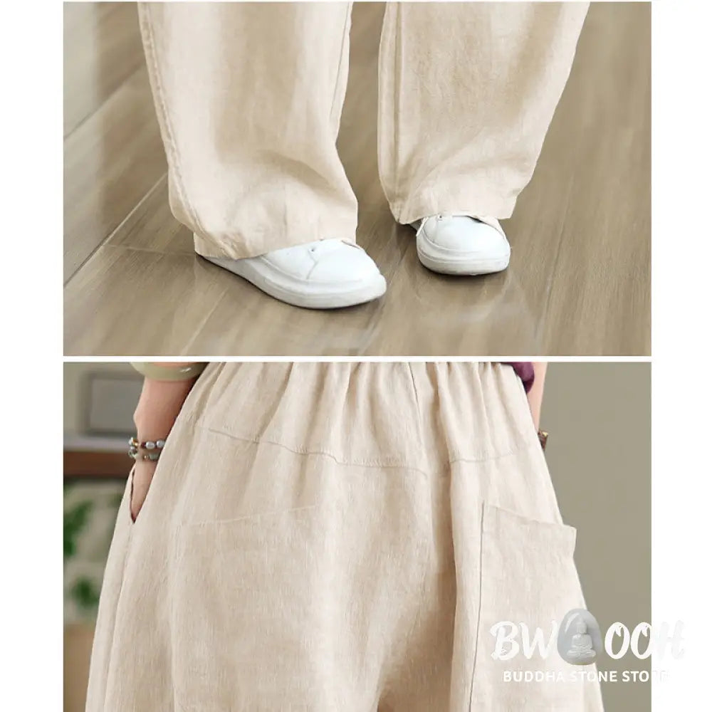 Buddha Stones Casual Plain Cotton Women’s Wide Leg Pants With Pockets - Women’s Wide Leg Pants
