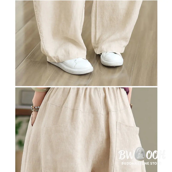 Buddha Stones Casual Plain Cotton Women’s Wide Leg Pants With Pockets - Women’s Wide Leg Pants