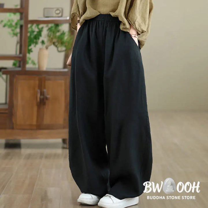 Buddha Stones Casual Plain Cotton Women’s Wide Leg Pants With Pockets - Women’s Wide Leg Pants