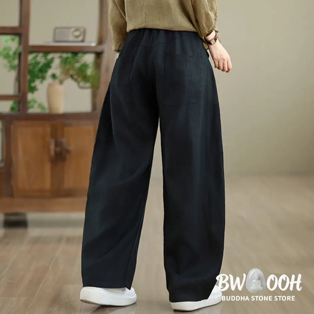 Buddha Stones Casual Plain Cotton Women’s Wide Leg Pants With Pockets - Women’s Wide Leg Pants