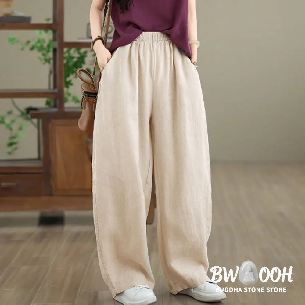 Buddha Stones Casual Plain Cotton Women’s Wide Leg Pants With Pockets - Women’s Wide Leg Pants