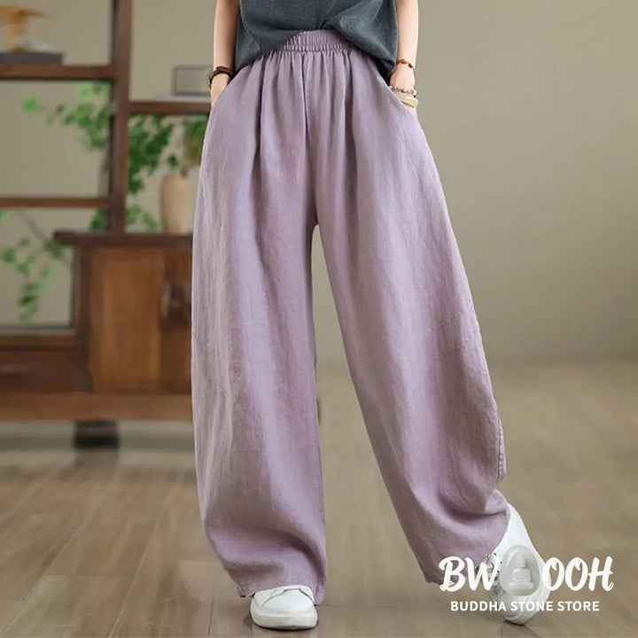 Buddha Stones Casual Plain Cotton Women’s Wide Leg Pants With Pockets - Women’s Wide Leg Pants