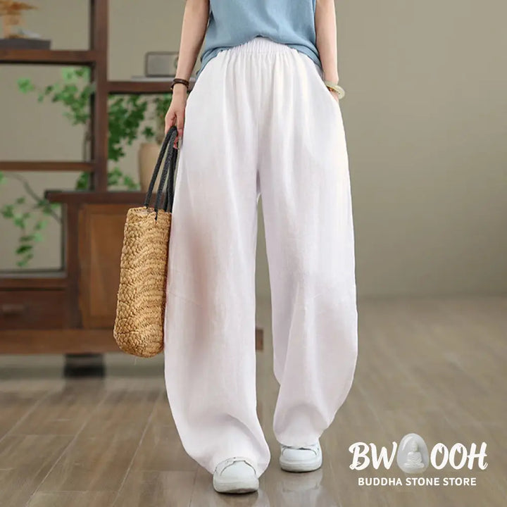Buddha Stones Casual Plain Cotton Women’s Wide Leg Pants With Pockets - Women’s Wide Leg Pants