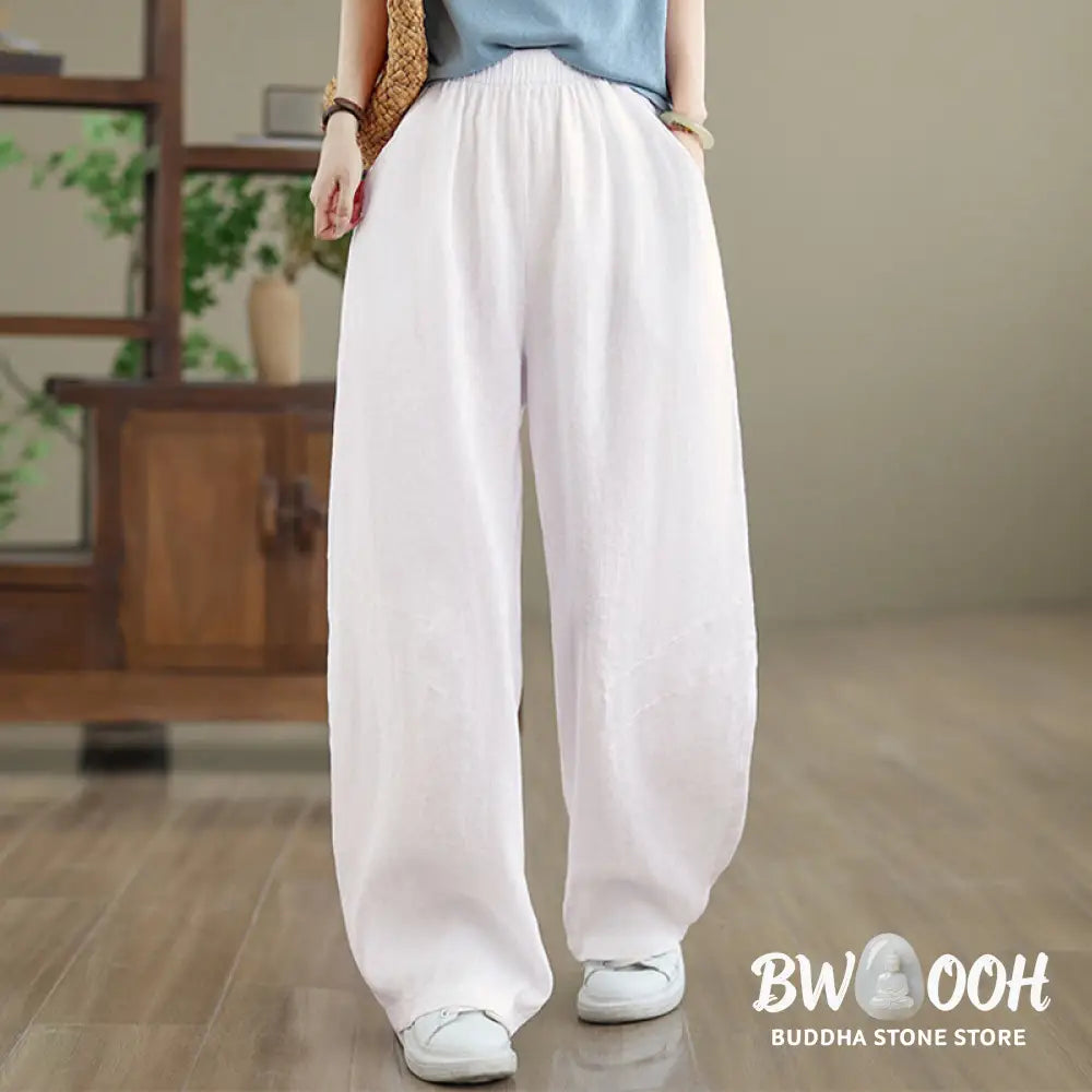 Buddha Stones Casual Plain Cotton Women’s Wide Leg Pants With Pockets - Women’s Wide Leg Pants