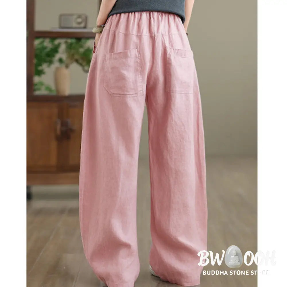 Buddha Stones Casual Plain Cotton Women’s Wide Leg Pants With Pockets - Women’s Wide Leg Pants