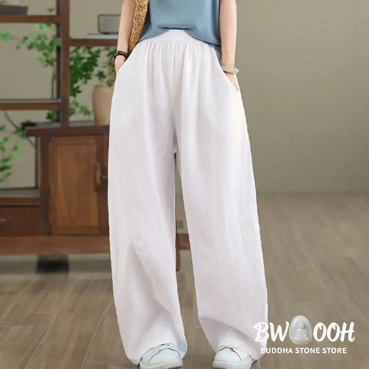 Buddha Stones Casual Plain Cotton Women’s Wide Leg Pants With Pockets - Women’s Wide Leg Pants