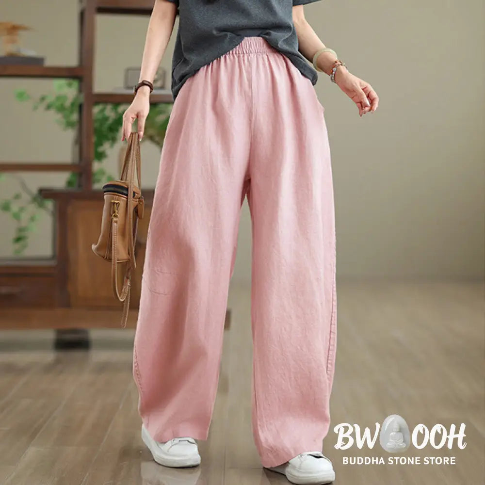 Buddha Stones Casual Plain Cotton Women’s Wide Leg Pants With Pockets - Women’s Wide Leg Pants