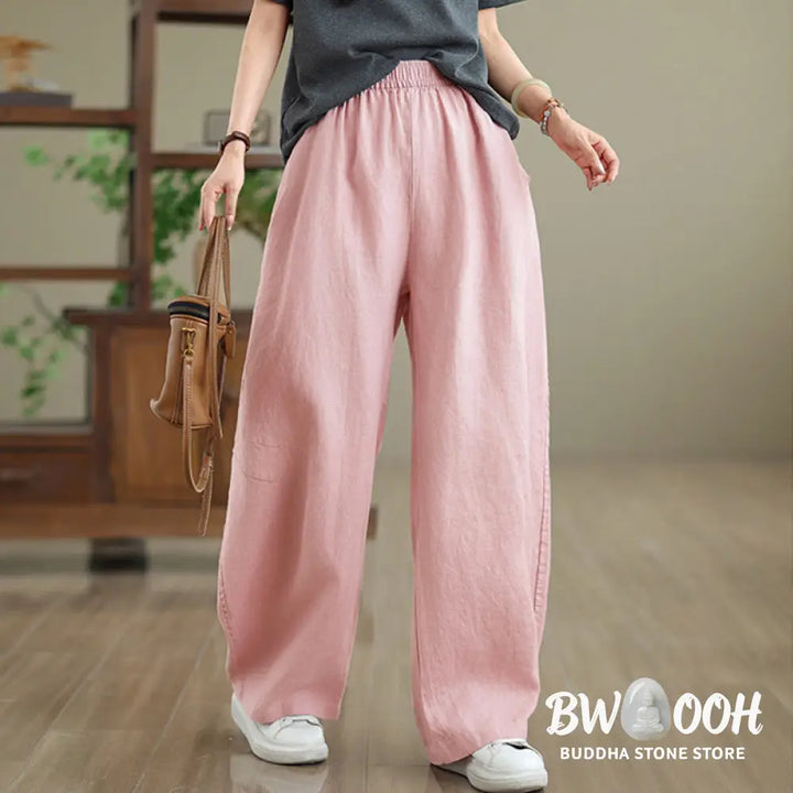 Buddha Stones Casual Plain Cotton Women’s Wide Leg Pants With Pockets - Women’s Wide Leg Pants