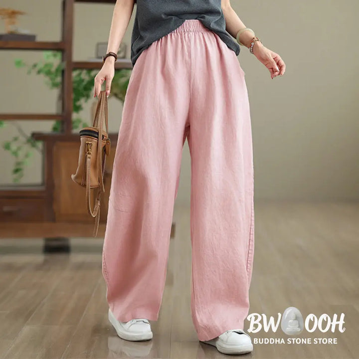 Buddha Stones Casual Plain Cotton Women’s Wide Leg Pants With Pockets - Women’s Wide Leg Pants