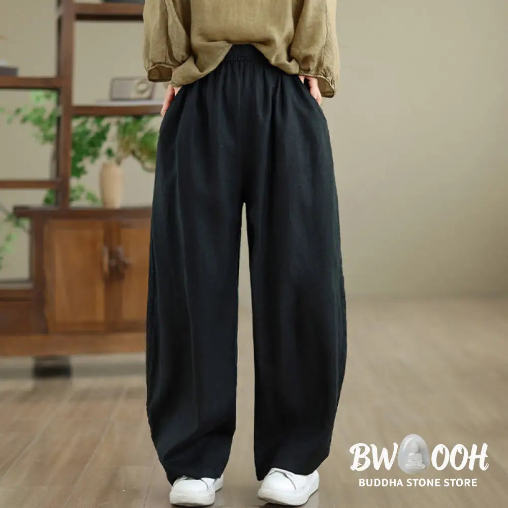Buddha Stones Casual Plain Cotton Women’s Wide Leg Pants With Pockets - Women’s Wide Leg Pants
