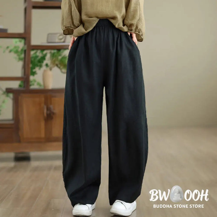 Buddha Stones Casual Plain Cotton Women’s Wide Leg Pants With Pockets - Women’s Wide Leg Pants
