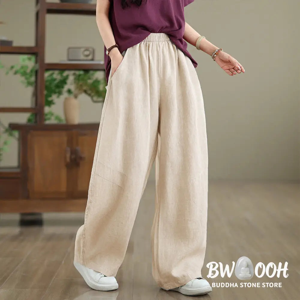 Buddha Stones Casual Plain Cotton Women’s Wide Leg Pants With Pockets - Women’s Wide Leg Pants