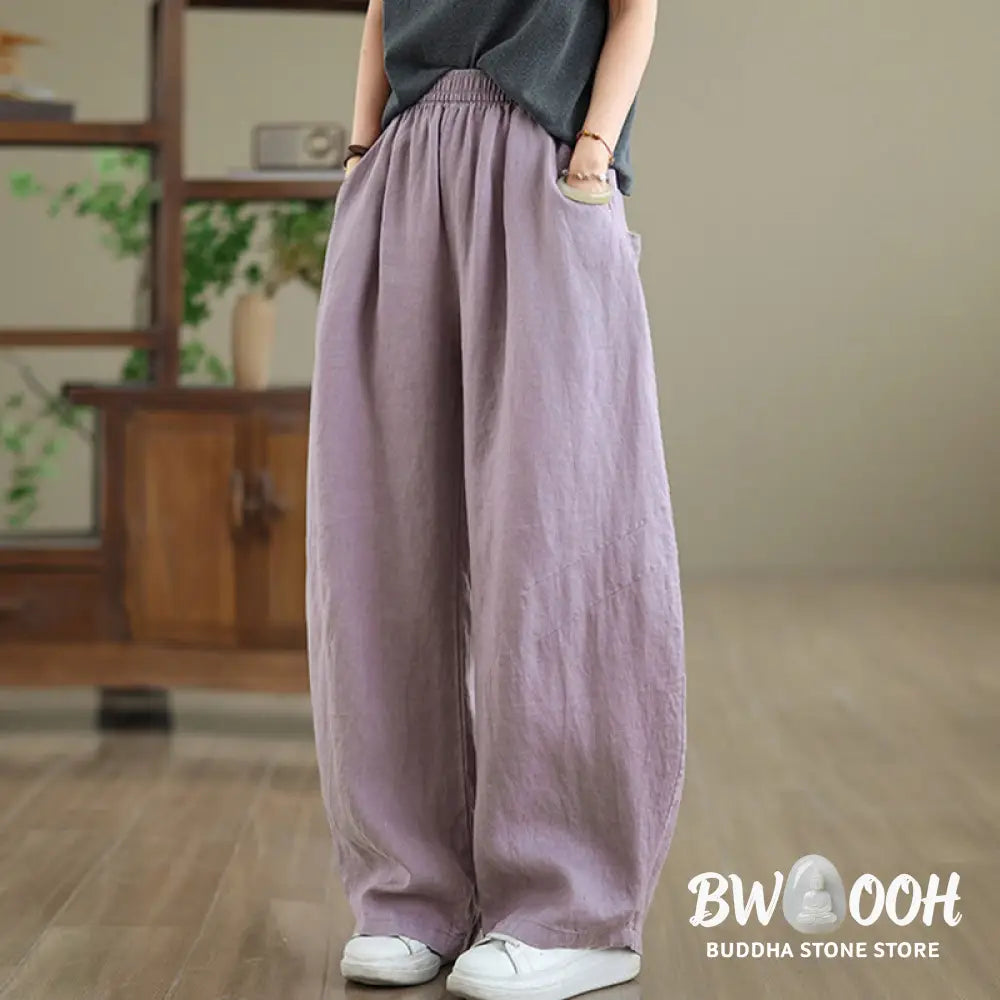 Buddha Stones Casual Plain Cotton Women’s Wide Leg Pants With Pockets - Women’s Wide Leg Pants