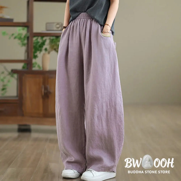Buddha Stones Casual Plain Cotton Women’s Wide Leg Pants With Pockets - Women’s Wide Leg Pants