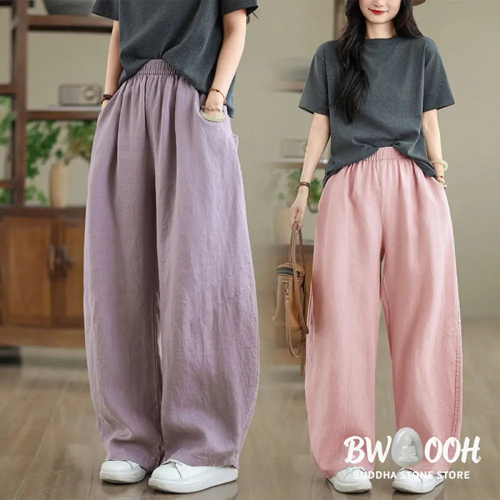 Buddha Stones Casual Plain Cotton Women’s Wide Leg Pants With Pockets - Women’s Wide Leg Pants