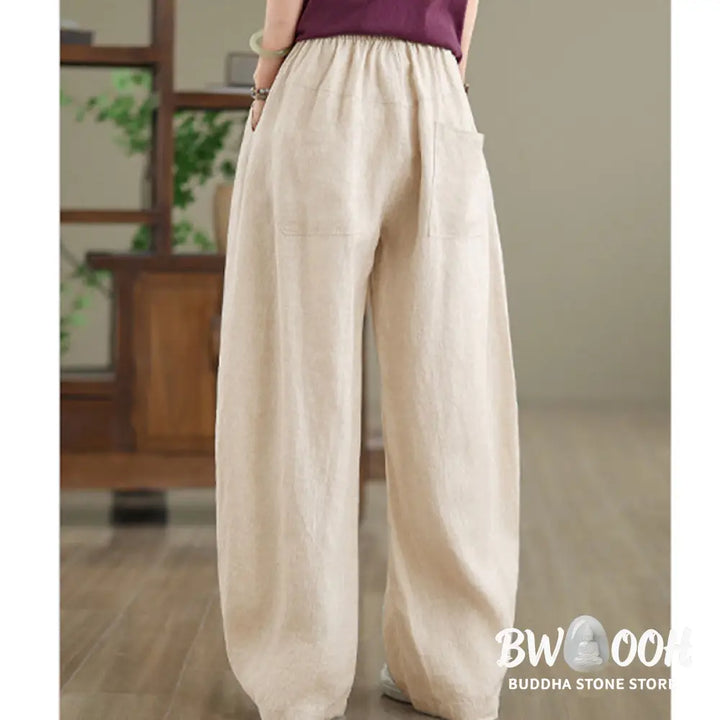 Buddha Stones Casual Plain Cotton Women’s Wide Leg Pants With Pockets - Women’s Wide Leg Pants