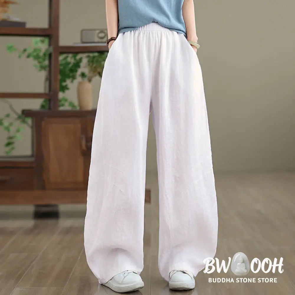 Buddha Stones Casual Plain Cotton Women’s Wide Leg Pants With Pockets - Women’s Wide Leg Pants