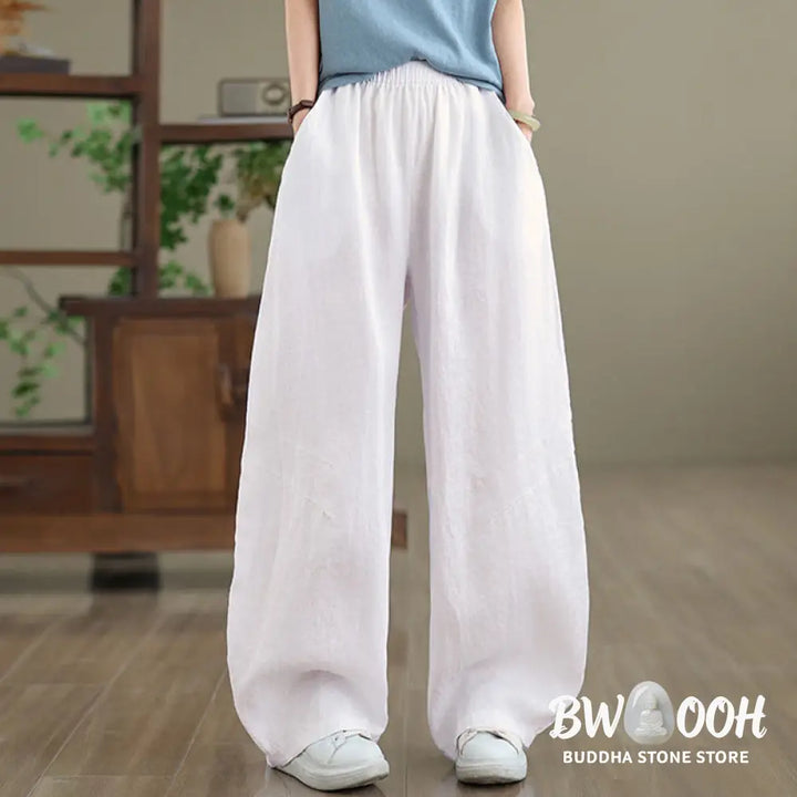 Buddha Stones Casual Plain Cotton Women’s Wide Leg Pants With Pockets - Women’s Wide Leg Pants