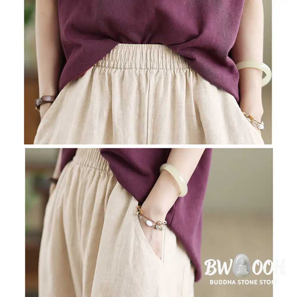 Buddha Stones Casual Plain Cotton Women’s Wide Leg Pants With Pockets - Women’s Wide Leg Pants