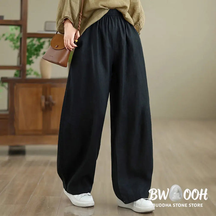 Buddha Stones Casual Plain Cotton Women’s Wide Leg Pants With Pockets - Women’s Wide Leg Pants