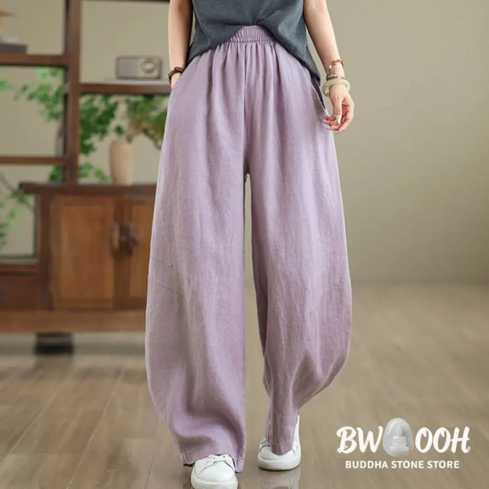 Buddha Stones Casual Plain Cotton Women’s Wide Leg Pants With Pockets - Women’s Wide Leg Pants