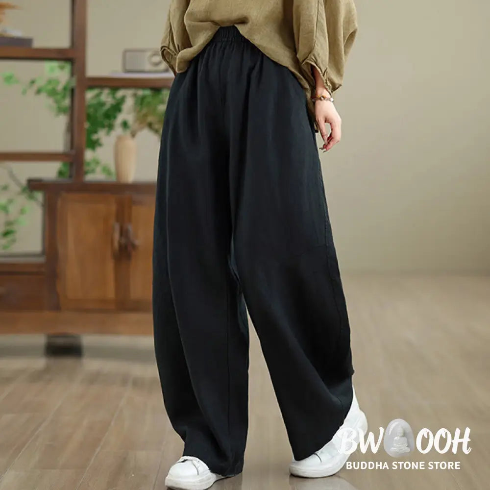 Buddha Stones Casual Plain Cotton Women’s Wide Leg Pants With Pockets - Women’s Wide Leg Pants