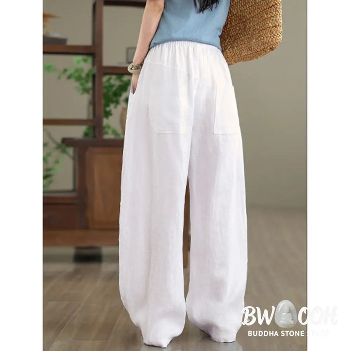 Buddha Stones Casual Plain Cotton Women’s Wide Leg Pants With Pockets - Women’s Wide Leg Pants